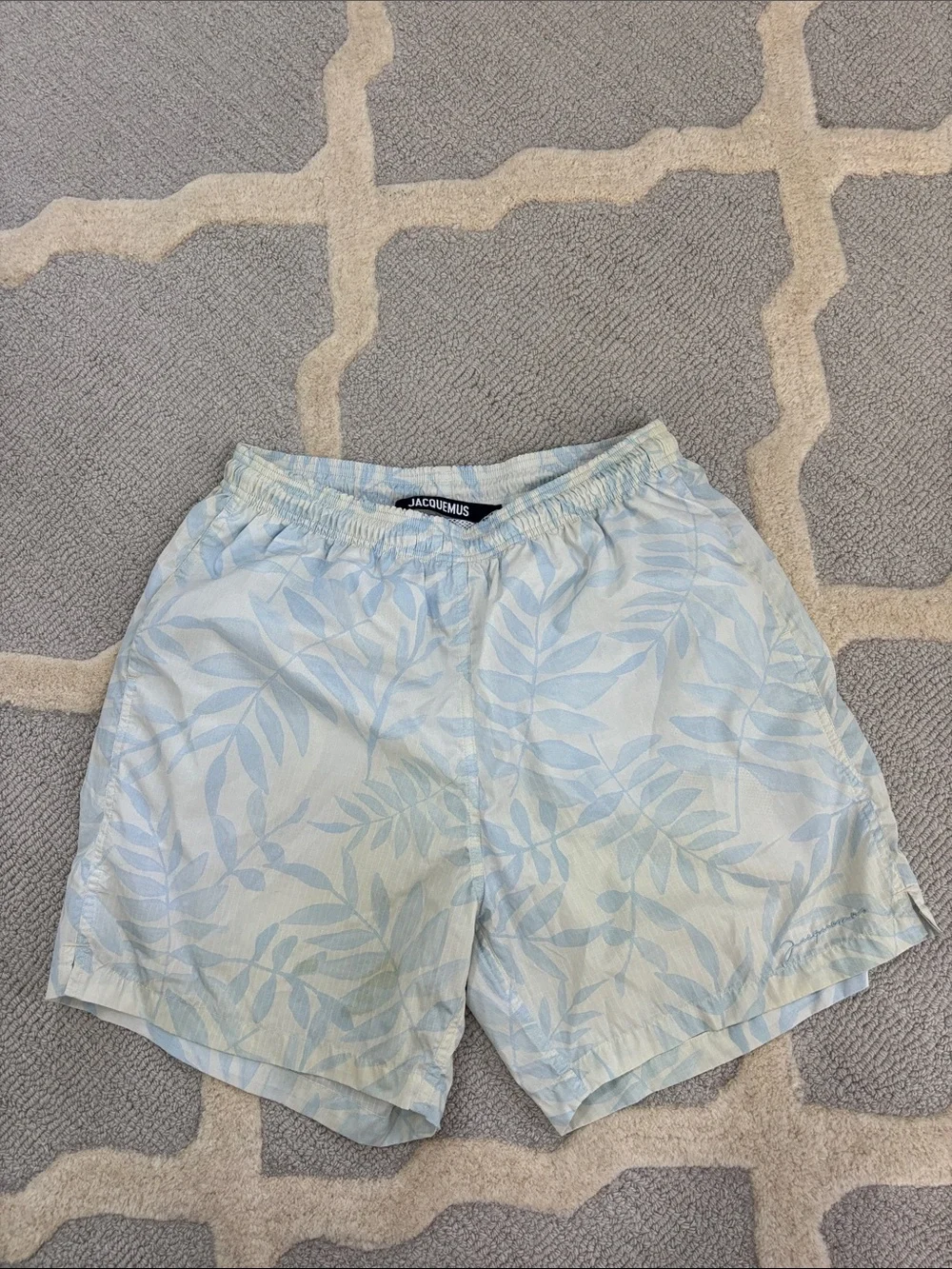 Jacquemus Pale Blue Leaf-Print Swim Trunks